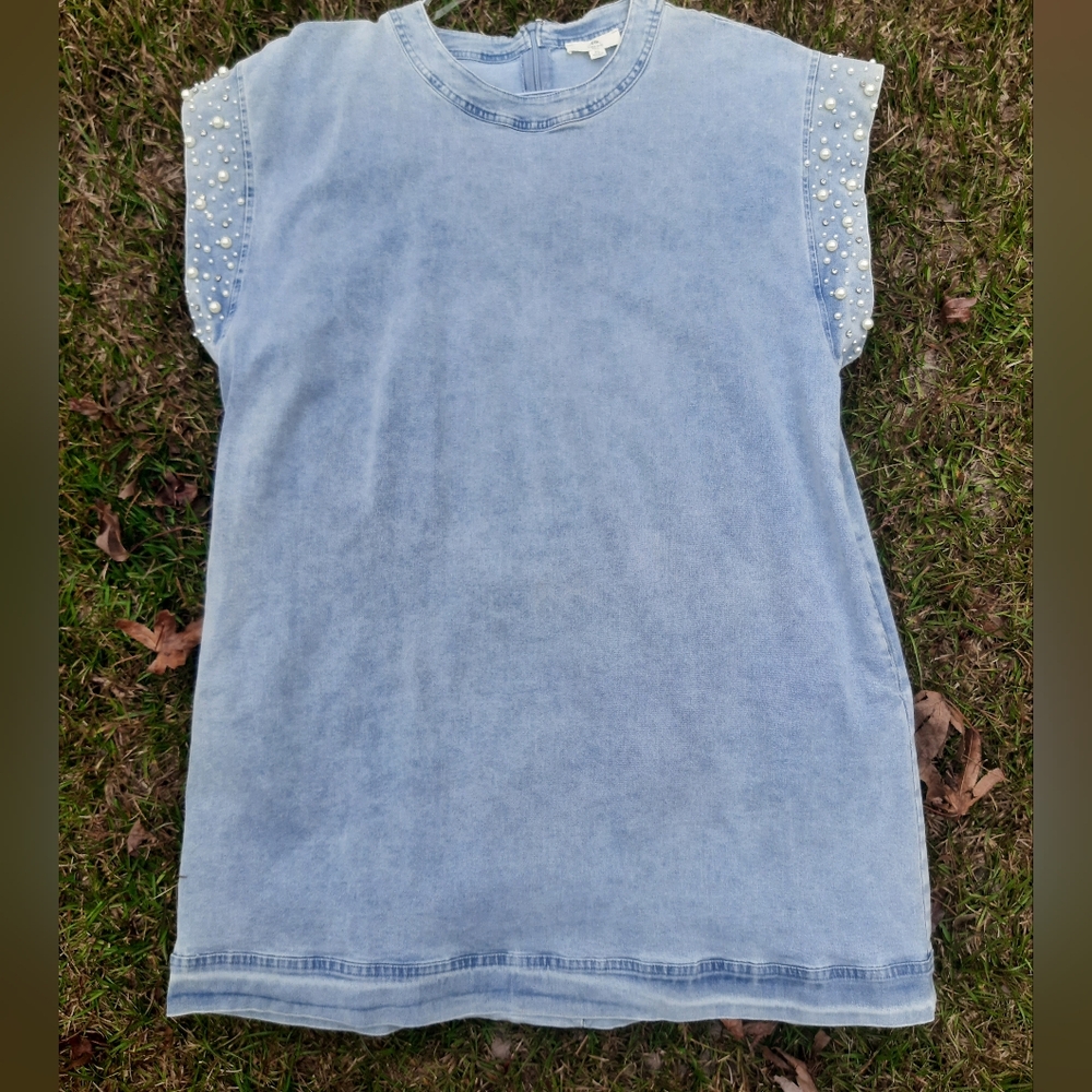 Denim Dress with Pearl & Cristal Details